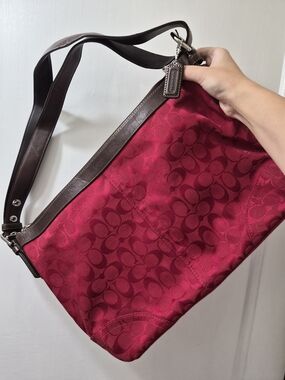 Coach Red Signature Canvas Hobo with Brown Leather Trim